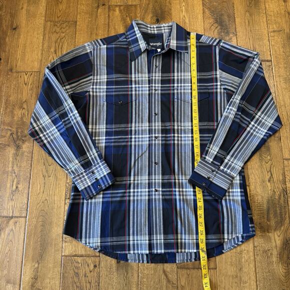 Wrangler Men Blue Black Plaid Pearl Snap Long Sleeve Button Up Western Shirt L - Picture 3 of 5